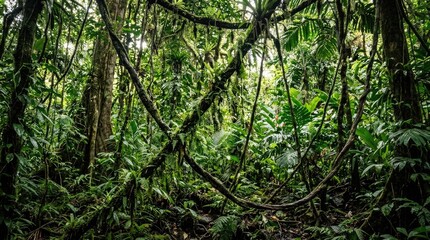 Fototapeta premium A dense jungle with vines and trees, illuminated by sunlight filtering through the canopy.