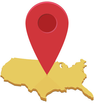 3D isometric yellow map of United States with a large red map pin marker symbolizing strategic location, regional positioning, destination, and American geopolitics. (cut out)