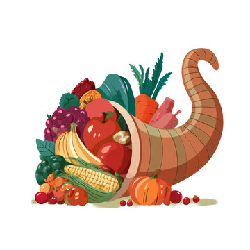 Cute Cartoon Illustration of a Cornucopia Overflowing with Fruit