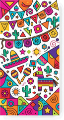 Colorful mexican fiesta pattern with sombrero pinata maracas and cactus icons