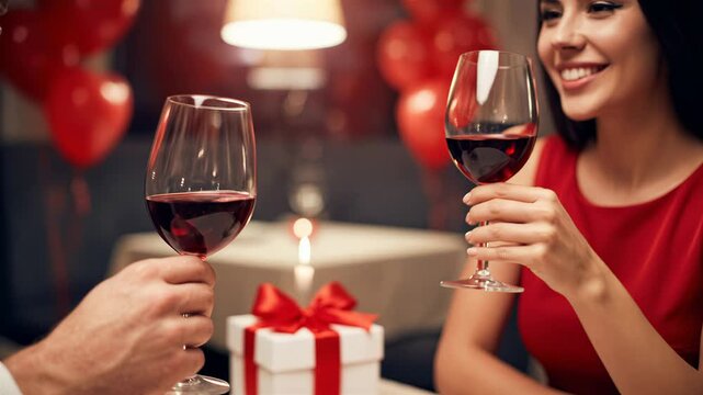Couple raises glasses of red wine to toast at a celebration. Cozy setting with dim light and decorated table with gifts. Concept of romance, dining, party planning