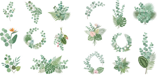 Watercolor tropical leaves and eucalyptus branches collection, green foliage elements for wedding invitations and botanical designs. © Fdtarian