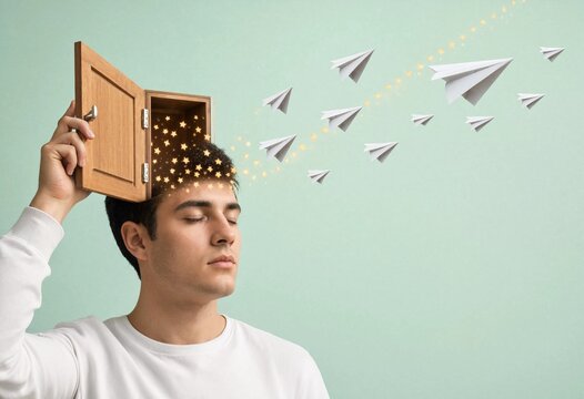 Young man with an open wooden door on his head releasing glowing stars and paper airplanes. Surreal concept of imagination, creativity, and open-mindedness