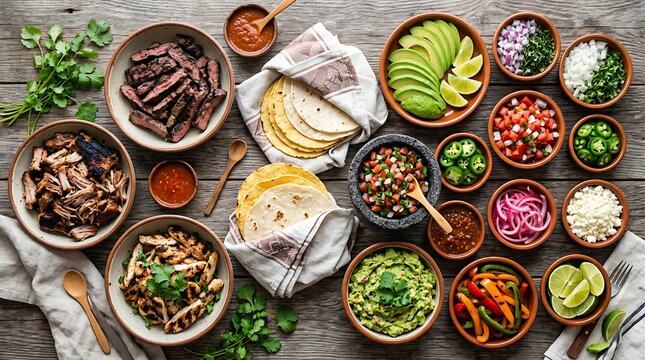 Mexican food buffet with tacos tortillas avocado salsa and fresh vegetables on a rustic wood table. taco tuesday ideas