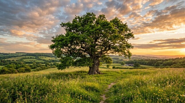 A solitary oak tree stands in a verdant meadow, its branches reaching out towards the vibrant sunset sky. 