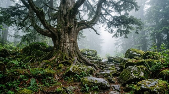 A large, gnarled tree with roots and moss on rocks in a foggy forest setting.