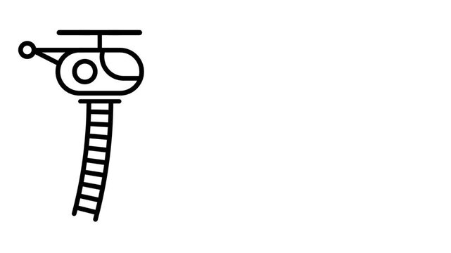 Small outline helicopter icon with spinning rotor blades and a rope rescue ladder hanging down below it representing air rescue mission operation