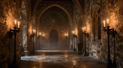 Obraz premium Dimly lit gothic stone corridor with candles