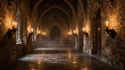 Obraz premium Dimly lit gothic stone corridor with candles