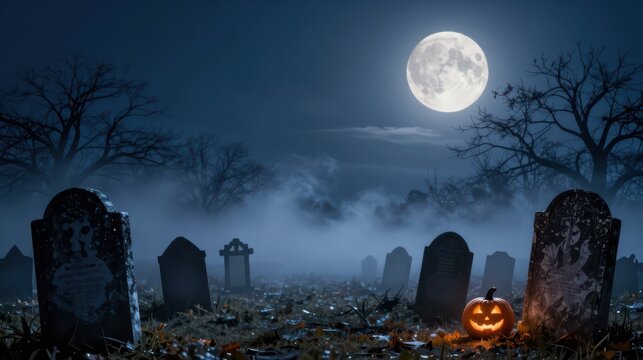Moonlit Halloween graveyard with glowing jack-o'-lantern