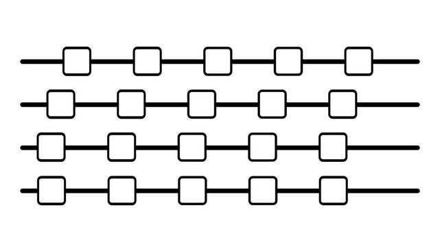 Multiple horizontal rows of small connected square nodes forming parallel chains representing layered data networks or a multi row process flowchart