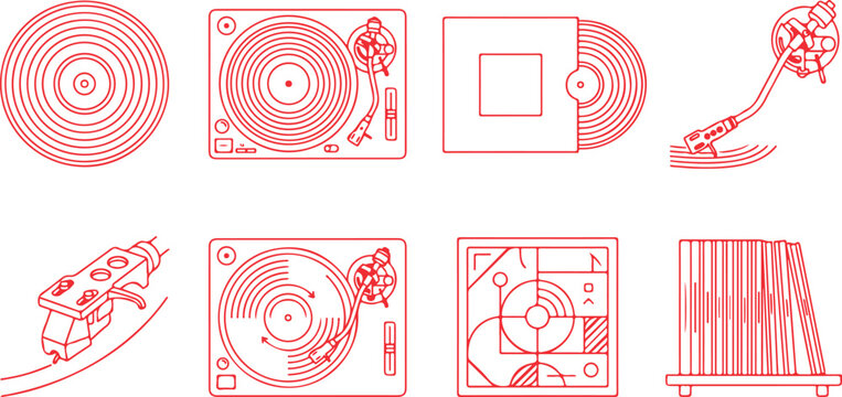 Set of turntable and vinyl record icons red outline on transparent background vector illustration.