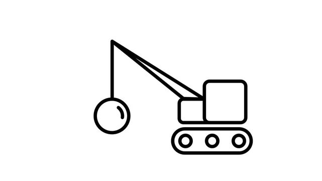 Outline crane machine on tracked wheels lifting a hanging wrecking ball representing demolition equipment, construction machinery or heavy industry