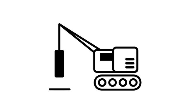 Outline crane machine on tracked wheels lifting a rectangular battery shaped block representing construction lifting equipment or cargo hoisting job