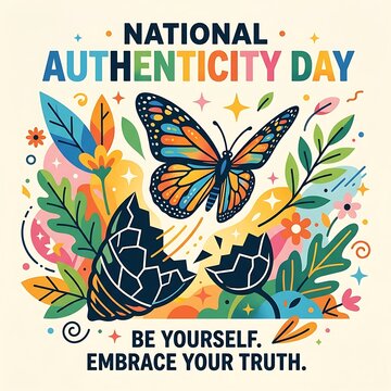 Butterfly emerging from an outline, bold NATIONAL AUTHENTICITY DAY typography, modern flat vector illustration, uplifting design
