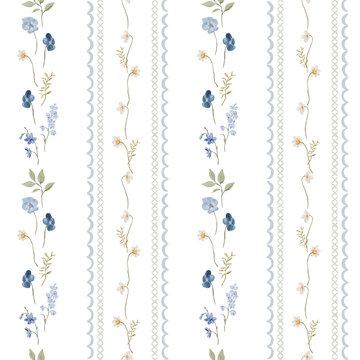 Watercolor wild meadow flowers seamless striped pattern with pansies, daisies, delicate wildflowers and botanical stems. Perfect for fabric, wallpaper, rustic decor, stationery and home textiles.
