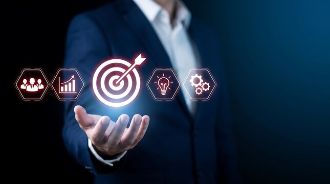 Business executive holding digital bullseye target with floating icons representing strategic planning corporate growth innovative leadership and operational management success