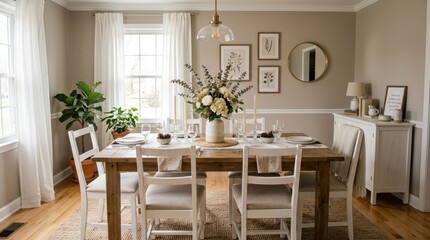 Fototapeta premium A cozy, well-lit dining room with a wooden table, chairs, and a vase of flowers, featuring a neutral color palette and a mix of framed artwork and decorative elements.