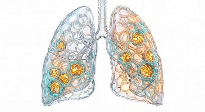 Premium conceptual biomedical illustration showing tuberculosis damaging lung tissue into a honeycomb pattern filled with Mycobacterium tuberculosis colonies