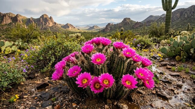A vibrant pink cactus with yellow centers blooms in a desert landscape, surrounded by other cacti and wildflowers, with a mountain range in the background under a cloudy sky.