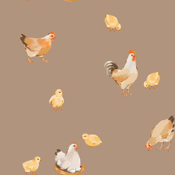Watercolor hens, rooster and chicks seamless pattern on brawn background. Ideal for fabric, wallpaper, nursery decor, home textiles, wrapping paper, stationery, packaging and farmhouse products.