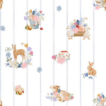Watercolor rustic countryside seamless pattern with farm animals and wildflowers on rope striped background. Perfect for fabric, wallpaper, nursery decor, stationery and home decor.