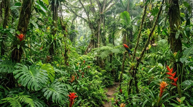 A lush tropical rainforest with a path leading through dense foliage, a parrot perched on a branch, and vibrant red and orange flowers