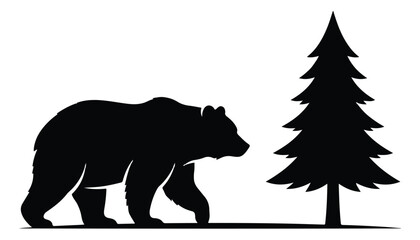 Obraz premium Black bear silhouette walking near pine tree, wild grizzly bear vector illustration, forest animal nature icon for outdoor camping branding