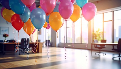 Colorful Balloons on Table and Wall with Festive Birthday Party Decoration, Celebration Atmosphere and Cheerful Helium Balloon Arrangement in Vibrant Colors