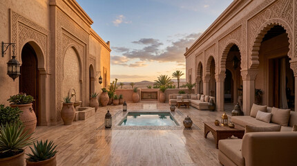 Obraz premium Moroccan courtyard with pool, intricate carvings, and sunset