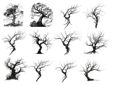 Set of bare trees, silhouette tree, ritualistic style, horror, creepy.