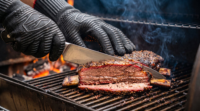 Close-up of a chef in heat-resistant gloves carving juicy smoked beef ribs on a charcoal grill with visible smoke.