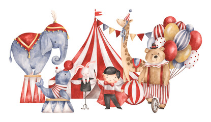 Circus. Watercolor hand-drawn illustration with circus tent, magician and circus animals. Cute circus theme drawings for kids. For design baby shower, birthday and nursery. © Nellya Egorova