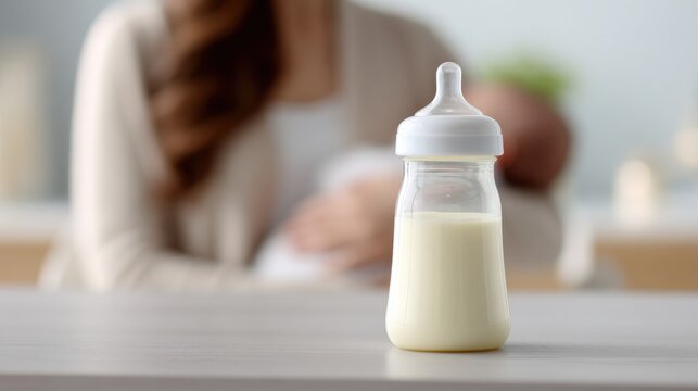Close up of a bottle filled with milk resting on a table while a person cares for a small infant
