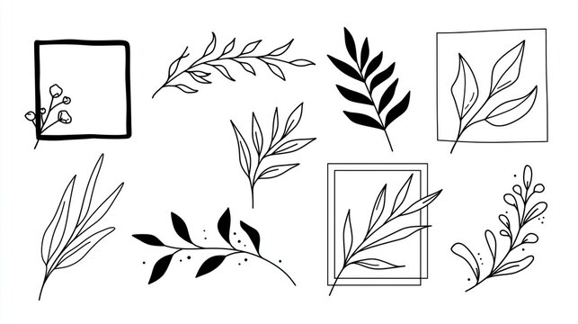 Decorative botanical frames and hand drawn leaf branches in black and white for wedding stationery