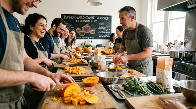 Professional chef teaching cooking class. Diverse group learning culinary skills.