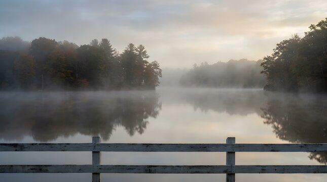 Serene morning mist rising over a tranquil lake with autumn trees and a wooden fence