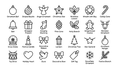 Fototapeta premium Minimal Christmas Decoration Outline Icon Collection with Wreath Bauble Angel Mistletoe and Holiday Toys Vector