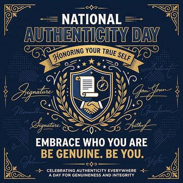Handwritten signature, bold NATIONAL AUTHENTICITY DAY typography, premium flat vector poster