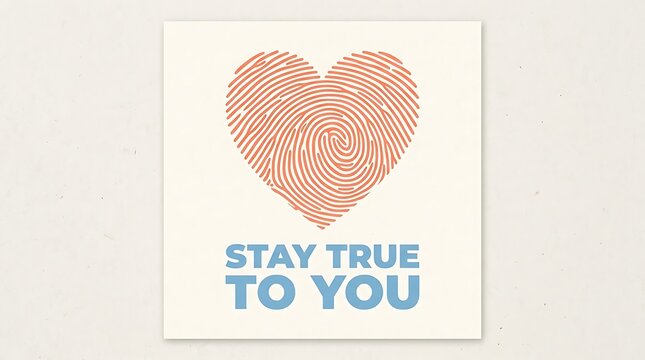 Heart-shaped fingerprint, powerful writing that reads "STAY TRUE TO YOU," simple vector graphics, and a palette of gentle blue and pink