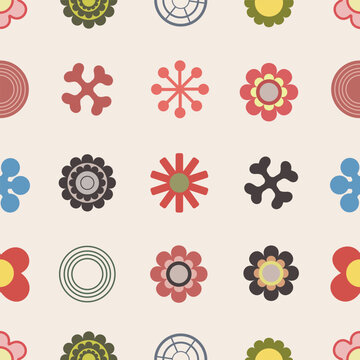 Colorful geometric and flower seamless pattern  with creative abstract shapes. Modern style background print. Trendy bright symbols and minimalist shape texture, geometry collage.