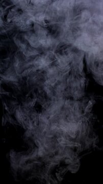 White Smoke Burst on Black Background. Dense smoke billows upward, expands into swirling clouds, then gradually fades.
