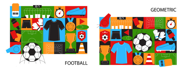 Geometric Soccer Collage Background with Football Icons, Colorful Mosaic Elements © Olesia