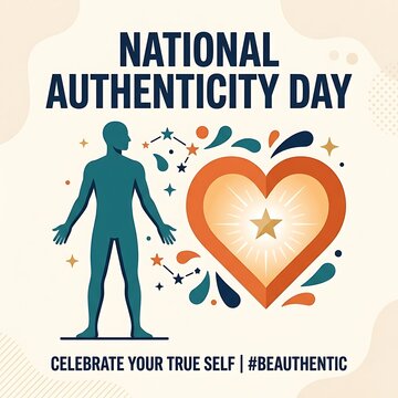 Bold NATIONAL AUTHENTICITY DAY typography and a human silhouette with an open heart