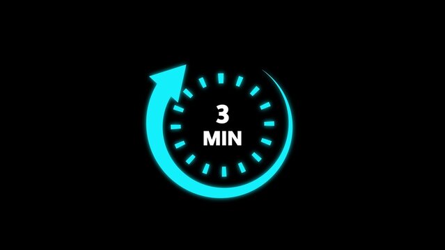 Cyan glowing circular timer icon with arrow indicating three minutes duration on black background clock