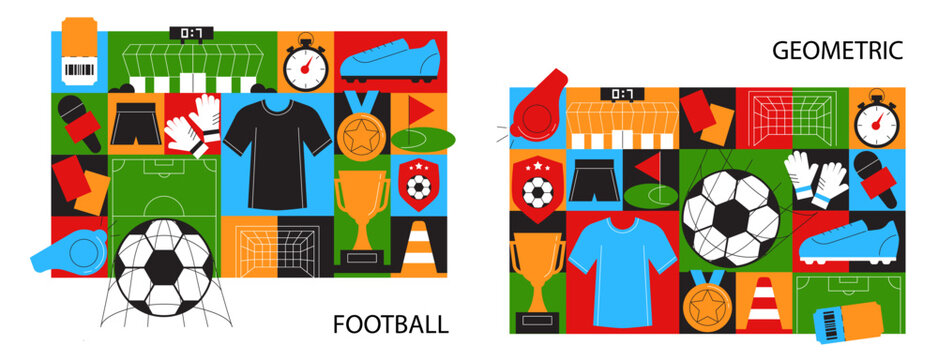 Geometric Soccer Collage Background with Football Icons, Colorful Mosaic Elements