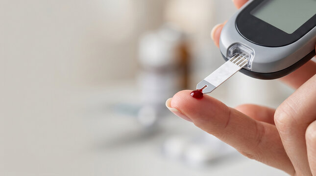 Close-up of a finger prick blood test using a glucometer for diabetes management.