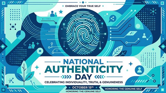 A large fingerprint with a modern blue and teal color scheme, a flat vector banner, and enormous NATIONAL AUTHENTICITY DAY lettering in the center