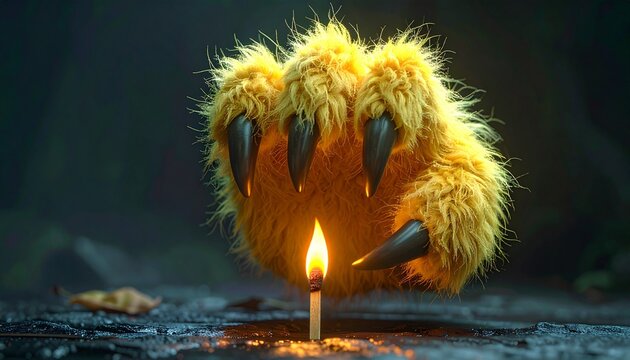Fluffy monster hand holding lit candle in dark setting. Cute fantasy creature paw with glowing flame for spooky storytelling.