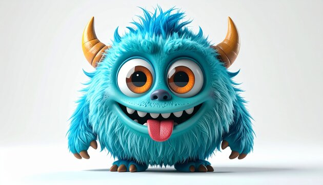 Friendly blue monster mascot character smiling happily. Cute cartoon creature with soft fur and horns for branding and design.